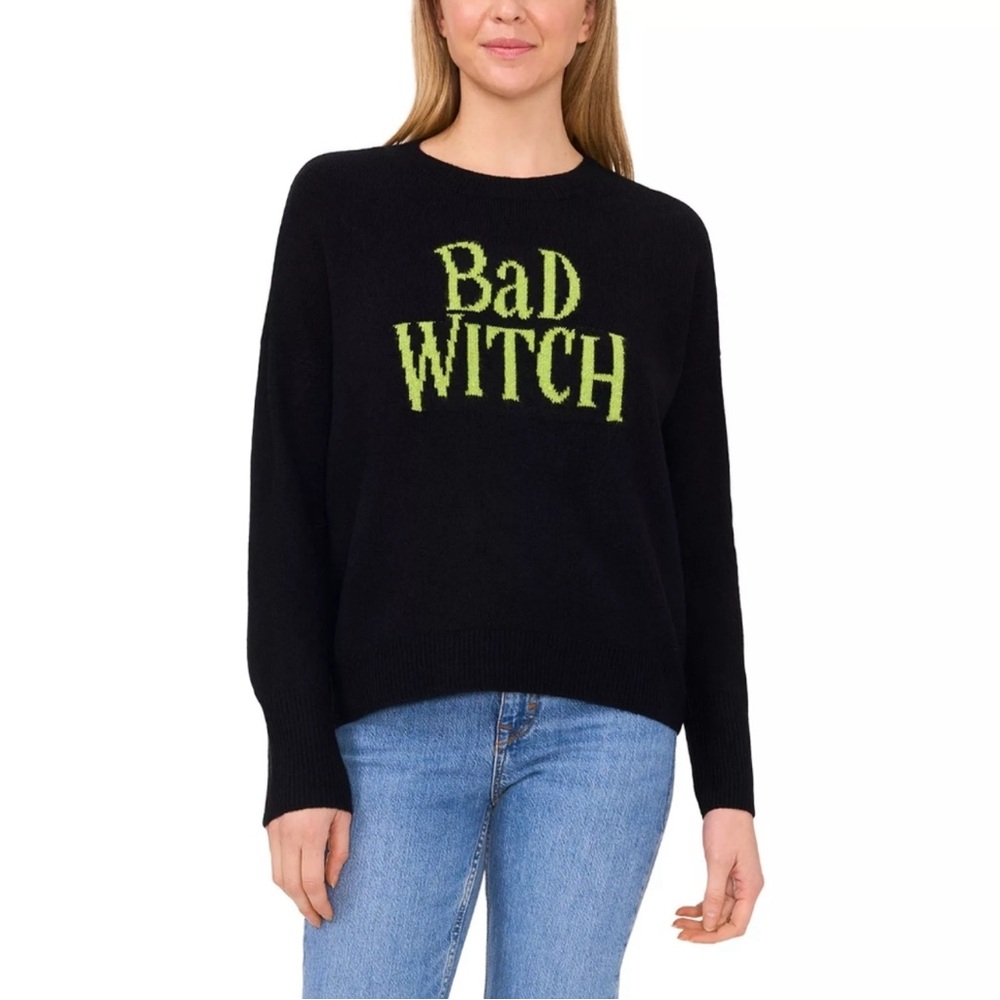 🎬Vince Camuto Black Sweater with Green 'Bad Witch' Design sizes XL NWT..